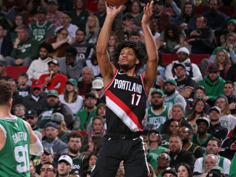 PORTLAND, OR - MARCH 17: Shaedon Sharpe #17 of the Portland Trail Blazers shoots the ball during the game against the Boston Celtics on March 17, 2023 at the Moda Center Arena in Portland, Oregon. NOTE TO USER: User expressly acknowledges and agrees that, by downloading and or using this photograph, user is consenting to the terms and conditions of the Getty Images License Agreement. Mandatory Copyright Notice: Copyright 2023 NBAE (Photo by Cameron Browne/NBAE via Getty Images)