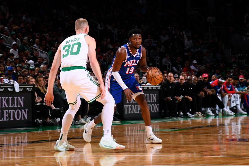 BOSTON, MA - OCTOBER 12: Justin Edwards #19 of the Philadelphia 76ers handles the ball during the game against the Boston Celtics during a NBA Preseason game on October 12, 2024 at TD Garden in Boston, Massachusetts. NOTE TO USER: User expressly acknowledges and agrees that, by downloading and/or using this Photograph, user is consenting to the terms and conditions of the Getty Images License Agreement. Mandatory Copyright Notice: Copyright 2024 NBAE (Photo by Brian Babineau/NBAE via Getty Images)