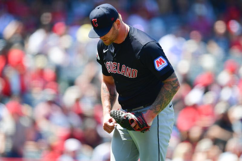 May 26, 2024; Anaheim, California, USA; Cleveland Guardians pitcher Ben Lively (39) reacts following the fifth inning against the Los Angeles Angels at Angel Stadium. Mandatory Credit: Gary A. Vasquez-USA TODAY Sports