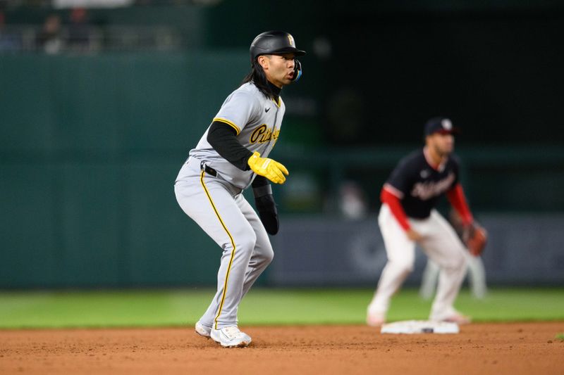 Apr 4, 2024; Washington, District of Columbia, USA; Pittsburgh Pirates designated hitter Connor Joe (2) takes a lead off of second base during the eighth inning against the Washington Nationals at Nationals Park. Mandatory Credit: Reggie Hildred-USA TODAY Sports