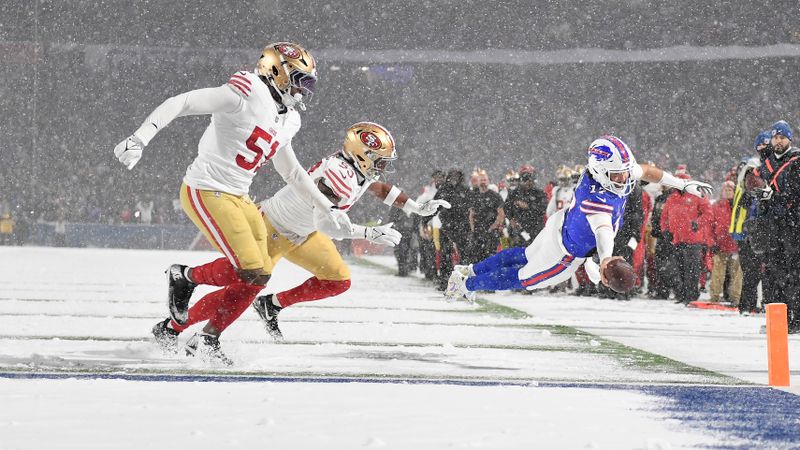 Buffalo Bills quarterback Josh Allen, right, dives toward the end zone to score past San Francisco 49ers defensive end Robert Beal Jr. (51) and linebacker Dee Winters during the second half of an NFL football game in Orchard Park, N.Y., Sunday, Dec. 1, 2024. (AP Photo/Adrian Kraus)