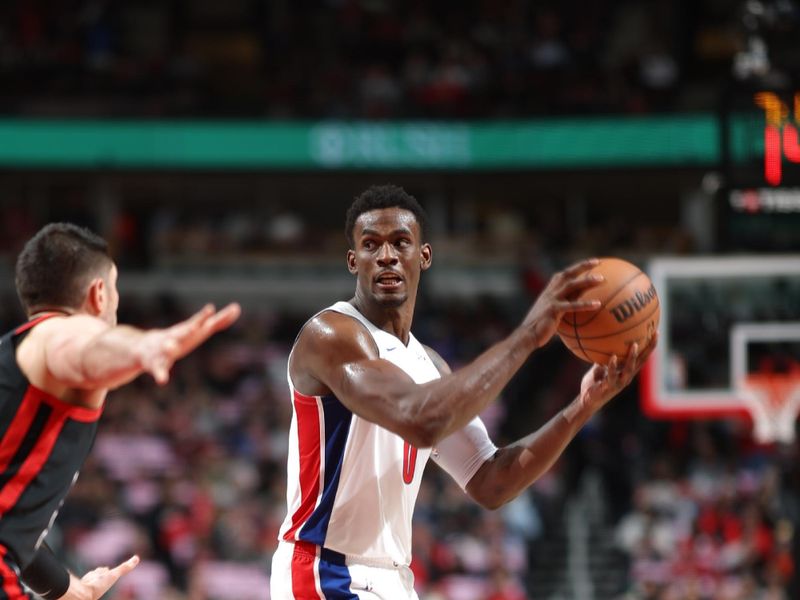CHICAGO, IL -FEBRUARY 27:Jalen Duren #0 of the Detroit Pistons looks to pass the ball during the game against the Chicago Bulls  on February 27, 2024 at United Center in Chicago, Illinois. NOTE TO USER: User expressly acknowledges and agrees that, by downloading and or using this photograph, User is consenting to the terms and conditions of the Getty Images License Agreement. Mandatory Copyright Notice: Copyright 2024 NBAE (Photo by Jeff Haynes/NBAE via Getty Images)