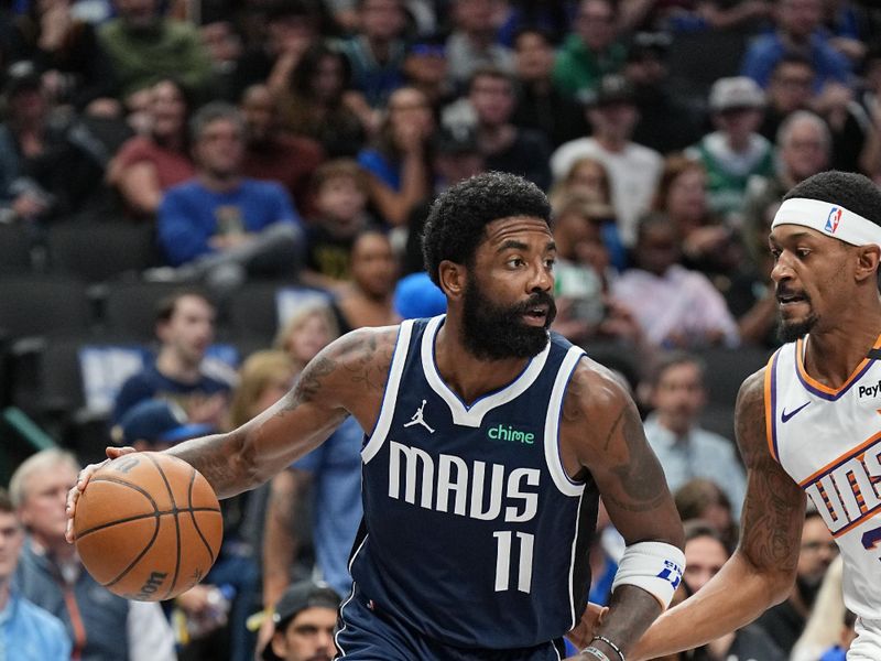 DALLAS, TX - NOVEMBER 8: Kyrie Irving #11 of the Dallas Mavericks looks to pass the ball during the game Phoenix Suns on November 6, 2024 at the American Airlines Center in Dallas, Texas. NOTE TO USER: User expressly acknowledges and agrees that, by downloading and or using this photograph, User is consenting to the terms and conditions of the Getty Images License Agreement. Mandatory Copyright Notice: Copyright 2024 NBAE (Photo by Glenn James/NBAE via Getty Images)