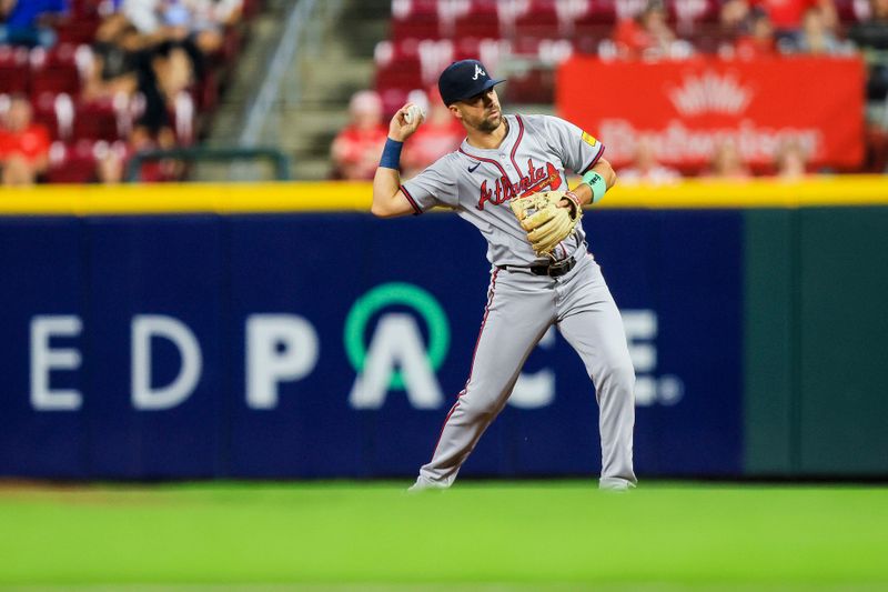 Sep 17, 2024; Cincinnati, Ohio, USA; Atlanta Braves second baseman Whit Merrifield (15) throws to first to get Cincinnati Reds shortstop Elly De La Cruz (not pictured) out in the third inning at Great American Ball Park. Mandatory Credit: Katie Stratman-Imagn Images