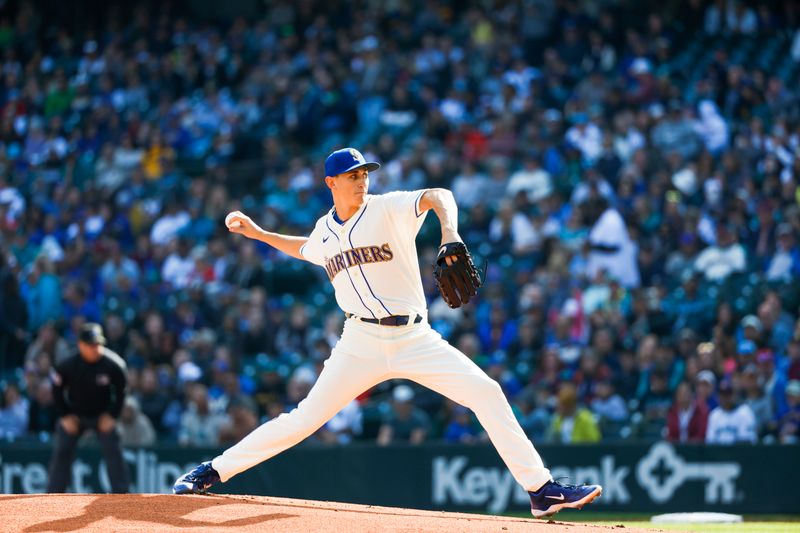 Oct 1, 2023; Seattle, Washington, USA; Seattle Mariners starting pitcher George Kirby (68) throws against the Texas Rangers during the first inning at T-Mobile Park. Mandatory Credit: Joe Nicholson-USA TODAY Sports