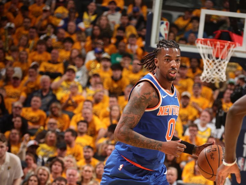 INDIANAPOLIS, IN - MAY 25:   Delon Wright #0 of the New York Knicks dribbles the ball during the game against the Indiana Pacers during Game 3 of the 2025 Eastern Conference Finals on May 25, 2025 at Gainbridge Fieldhouse in Indianapolis, Indiana. NOTE TO USER: User expressly acknowledges and agrees that, by downloading and or using this Photograph, user is consenting to the terms and conditions of the Getty Images License Agreement. Mandatory Copyright Notice: Copyright 2025 NBAE (Photo by Nathaniel S. Butler/NBAE via Getty Images)