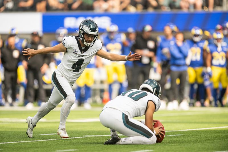 Philadelphia Eagles place kicker Jake Elliott (4) kicks the ball during an NFL football game against the Los Angeles Rams, Sunday, Oct. 8, 2023, in Inglewood, Calif. (AP Photo/Kyusung Gong)