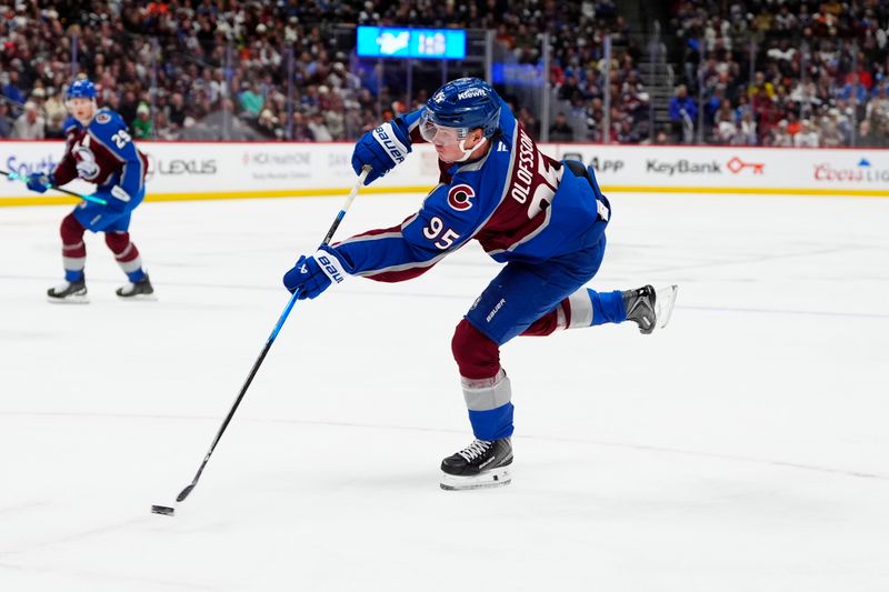 Jan 23, 2026; Denver, Colorado, USA; Colorado Avalanche left wing Victor Olofsson (95) shoots and scores in the second period against the Philadelphia Flyers at Ball Arena. Mandatory Credit: Ron Chenoy-Imagn Images