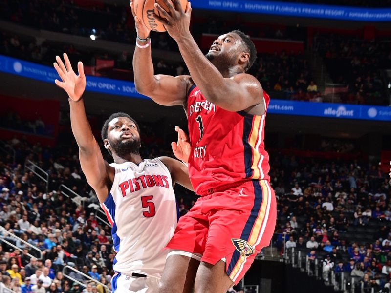 DETROIT, MI - MARCH 24: Zion Williamson #1 of the New Orleans Pelicans drives to the basket during the game against the Detroit Pistons on March 24, 2024 at Little Caesars Arena in Detroit, Michigan. NOTE TO USER: User expressly acknowledges and agrees that, by downloading and/or using this photograph, User is consenting to the terms and conditions of the Getty Images License Agreement. Mandatory Copyright Notice: Copyright 2024 NBAE (Photo by Chris Schwegler/NBAE via Getty Images)