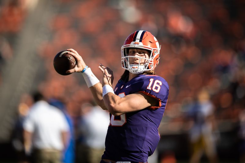 Nov 28, 2020; Clemson, SC, USA; Clemson quarterback Trevor Lawrence (16) warms up with his team before the game against Pittsburgh at Memorial Stadium. Mandatory Credit: Ken Ruinard-USA TODAY Sports