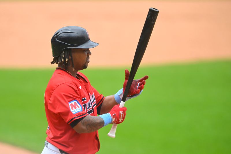 Jun 23, 2024; Cleveland, Ohio, USA; Cleveland Guardians designated hitter Jose Ramirez (11) stands at home plate in the first inning against the Toronto Blue Jays at Progressive Field. Mandatory Credit: David Richard-USA TODAY Sports