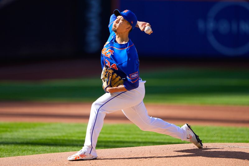 Sep 14, 2023; New York City, New York, USA; New York Mets pitcher Kodai Senga (34) delivers a pitch against the Arizona Diamondbacks during the first inning at Citi Field. Mandatory Credit: Gregory Fisher-USA TODAY Sports