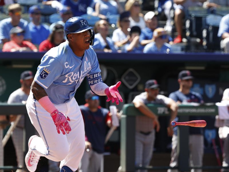 May 11, 2025; Kansas City, Missouri, USA; Kansas City Royals catcher Salvador Perez (13) gets a hit in the bottom of the 9th at Kauffman Stadium. Mandatory Credit: Gary Rohman-Imagn Images