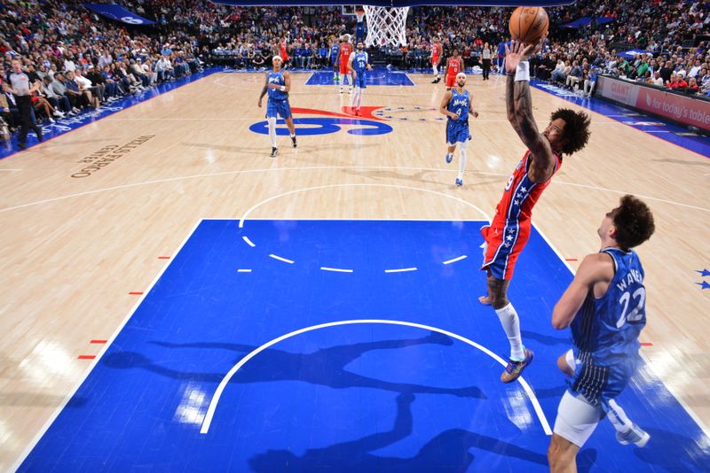 PHILADELPHIA, PA - APRIL 12: Kelly Oubre Jr. #9 of the Philadelphia 76ers drives to the basket during the game against the Orlando Magic on April 12, 2024 at the Wells Fargo Center in Philadelphia, Pennsylvania NOTE TO USER: User expressly acknowledges and agrees that, by downloading and/or using this Photograph, user is consenting to the terms and conditions of the Getty Images License Agreement. Mandatory Copyright Notice: Copyright 2024 NBAE (Photo by Jesse D. Garrabrant/NBAE via Getty Images)