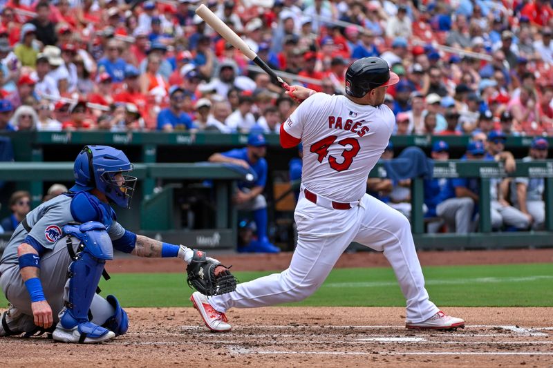 Jul 14, 2024; St. Louis, Missouri, USA;  St. Louis Cardinals catcher Pedro Pages (43) hits a two run single against the Chicago Cubs during the second inning at Busch Stadium. Mandatory Credit: Jeff Curry-USA TODAY Sports