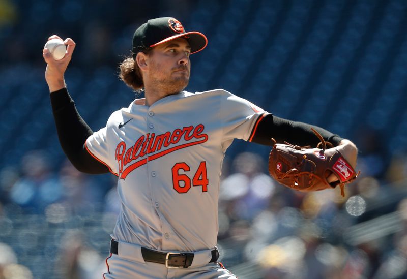 Apr 7, 2024; Pittsburgh, Pennsylvania, USA;  Baltimore Orioles starting pitcher Dean Kremer (64) delivers a pitch against the Pittsburgh Pirates during the first inning at PNC Park. Mandatory Credit: Charles LeClaire-USA TODAY Sports