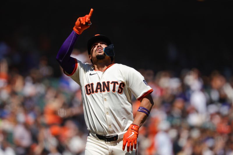 Aug 28, 2025; San Francisco, California, USA; San Francisco Giants shortstop Willy Adames (2) celebrates after hitting a solo home run during the sixth inning against the Chicago Cubs at Oracle Park. Mandatory Credit: Sergio Estrada-Imagn Images