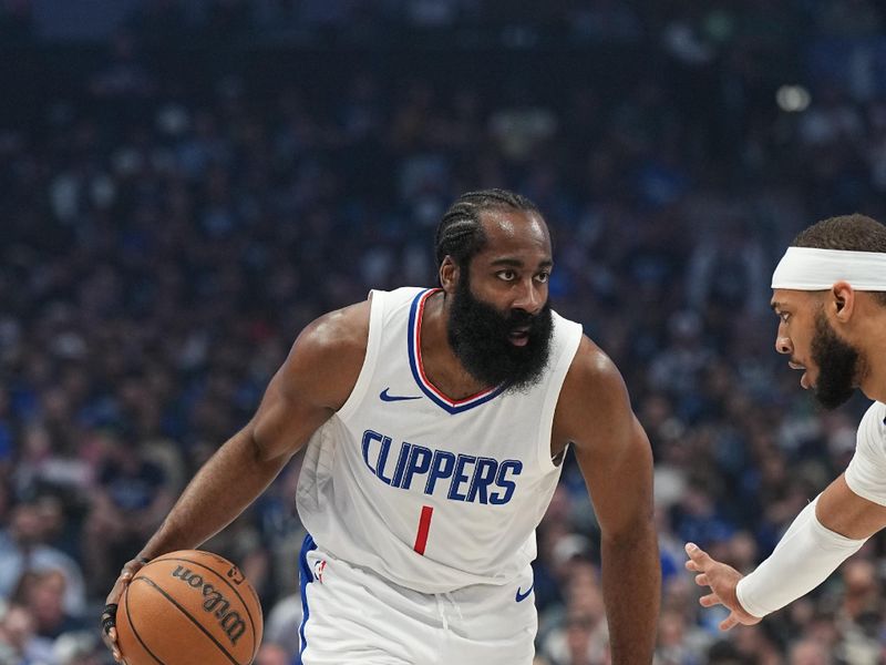 DALLAS, TX - APRIL 26: James Harden #1 of the LA Clippers dribbles the ball during the game against the Dallas Mavericks during Round 1 Game 3 of the 2024 NBA Playoffs on April 26, 2024 at the American Airlines Center in Dallas, Texas. NOTE TO USER: User expressly acknowledges and agrees that, by downloading and or using this photograph, User is consenting to the terms and conditions of the Getty Images License Agreement. Mandatory Copyright Notice: Copyright 2023 NBAE (Photo by Glenn James/NBAE via Getty Images)