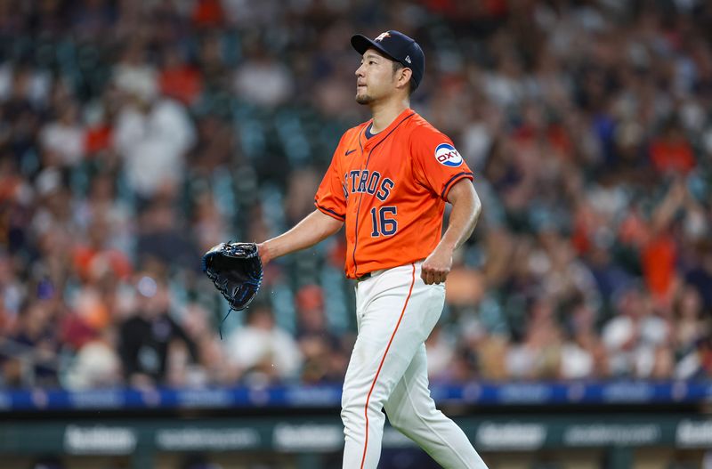 Aug 2, 2024; Houston, Texas, USA; Houston Astros starting pitcher Yusei Kikuchi (16) walks off the mound after pitching during the first inning against the Tampa Bay Rays at Minute Maid Park. Mandatory Credit: Troy Taormina-USA TODAY Sports