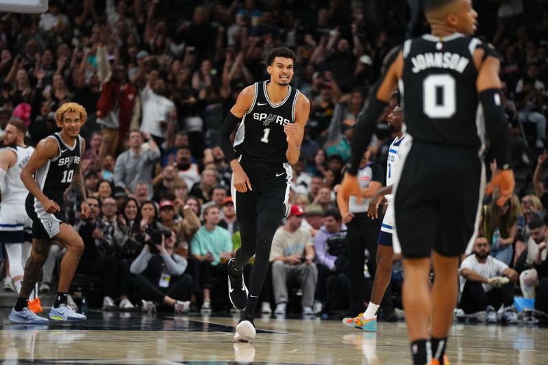 SAN ANTONIO, TX - NOVEMBER 2: Victor Wembanyama #1 of the San Antonio Spurs celebrates during the game against the Minnesota Timberwolves on November 2, 2024 at the Frost Bank Center in San Antonio, Texas. NOTE TO USER: User expressly acknowledges and agrees that, by downloading and or using this photograph, user is consenting to the terms and conditions of the Getty Images License Agreement. Mandatory Copyright Notice: Copyright 2024 NBAE (Photos by Cooper Neill/NBAE via Getty Images)