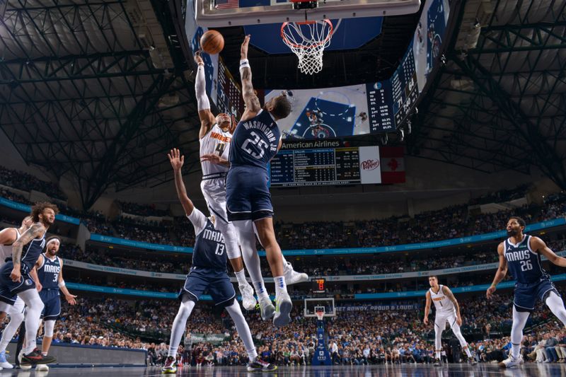 DALLAS, TX - JANUARY 12: Russell Westbrook #4 of the Denver Nuggets drives to the basket during the game against the Dallas Mavericks on January 12, 2025 at American Airlines Center in Dallas, Texas. NOTE TO USER: User expressly acknowledges and agrees that, by downloading and or using this photograph, User is consenting to the terms and conditions of the Getty Images License Agreement. Mandatory Copyright Notice: Copyright 2025 NBAE (Photo by Glenn James/NBAE via Getty Images)