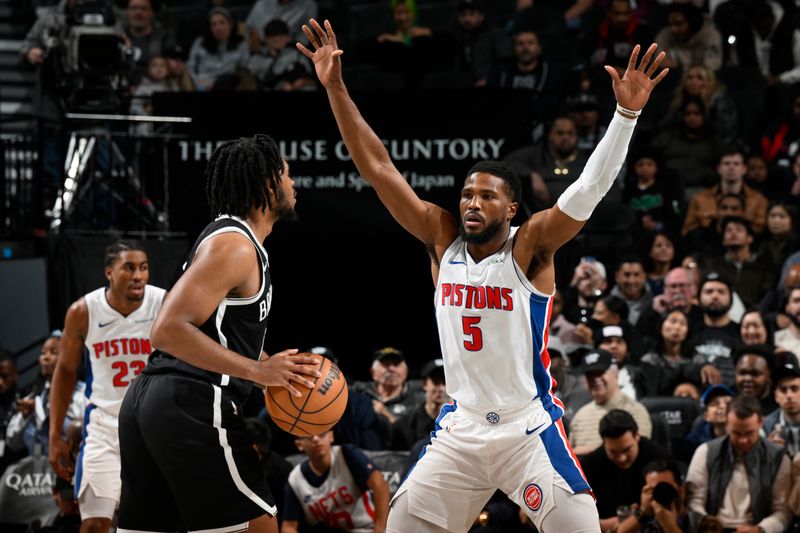 BROOKLYN, NY - NOVEMBER 3: Malik Beasley #5 of the Detroit Pistons plays defense during the game against the Brooklyn Nets on November 3, 2024 at Barclays Center in Brooklyn, New York. NOTE TO USER: User expressly acknowledges and agrees that, by downloading and or using this Photograph, user is consenting to the terms and conditions of the Getty Images License Agreement. Mandatory Copyright Notice: Copyright 2024 NBAE (Photo by David Dow/NBAE via Getty Images)