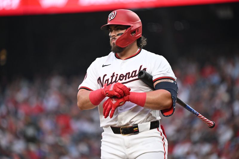 Aug 26, 2024; Washington, District of Columbia, USA; Washington Nationals third baseman Andres Chaparro (19) prepares for an at bat against the New York Yankees during the second inning at Nationals Park. Mandatory Credit: Rafael Suanes-USA TODAY Sports