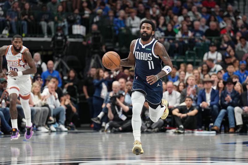 DALLAS, TX - NOVEMBER 8: Kyrie Irving #11 of the Dallas Mavericks dribbles the ball during the game against the Phoenix Suns on November 6, 2024 at the American Airlines Center in Dallas, Texas. NOTE TO USER: User expressly acknowledges and agrees that, by downloading and or using this photograph, User is consenting to the terms and conditions of the Getty Images License Agreement. Mandatory Copyright Notice: Copyright 2024 NBAE (Photo by Glenn James/NBAE via Getty Images)