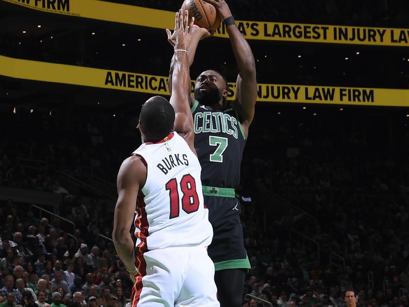 BOSTON, MA - DECEMBER 2: Jaylen Brown #7 of the Boston Celtics shoots the ball during the game against the Miami Heat on December 2, 2024 at TD Garden in Boston, Massachusetts. NOTE TO USER: User expressly acknowledges and agrees that, by downloading and/or using this Photograph, user is consenting to the terms and conditions of the Getty Images License Agreement. Mandatory Copyright Notice: Copyright 2024 NBAE (Photo by Brian Babineau/NBAE via Getty Images)