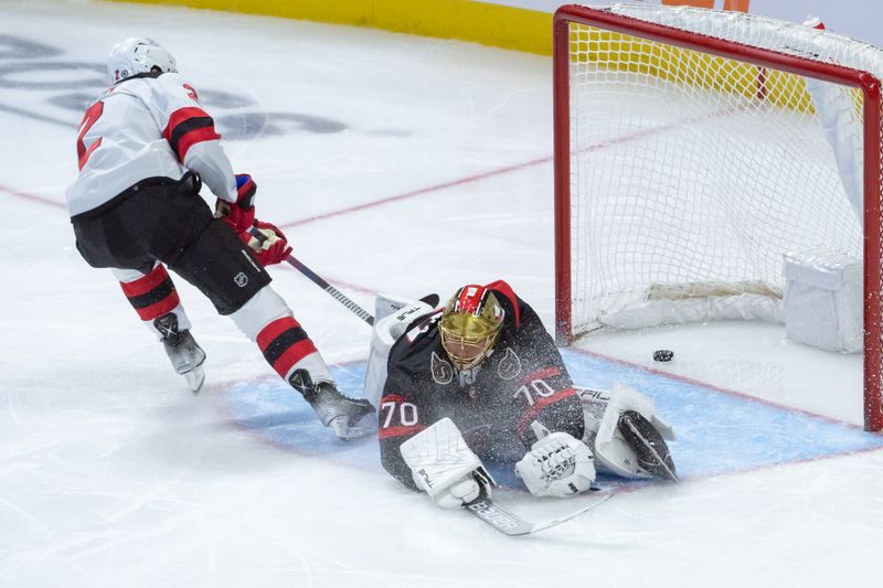 Dec 29, 2023; Ottawa, Ontario, CAN; New Jersey Devils defenseman Brendan Smith (2) scores against  Ottawa Senators goalie Joonas Korpisalo (70) in the third period at the Canadian Tire Centre. Mandatory Credit: Marc DesRosiers-USA TODAY Sports