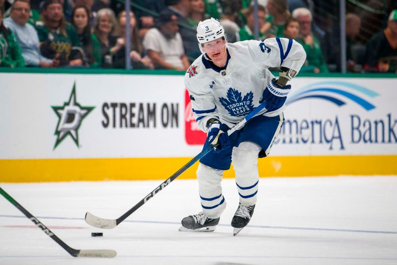 Oct 26, 2023; Dallas, Texas, USA; Toronto Maple Leafs defenseman John Klingberg (3) skates against the Dallas Stars during the third period at the American Airlines Center. Mandatory Credit: Jerome Miron-USA TODAY Sports