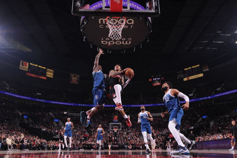 PORTLAND, OR - FEBRUARY 15: Anfernee Simons #1 of the Portland Trail Blazers drives to the basket during the game against the Minnesota Timberwolves on February 15, 2024 at the Moda Center Arena in Portland, Oregon. NOTE TO USER: User expressly acknowledges and agrees that, by downloading and or using this photograph, user is consenting to the terms and conditions of the Getty Images License Agreement. Mandatory Copyright Notice: Copyright 2024 NBAE (Photo by Cameron Browne/NBAE via Getty Images)