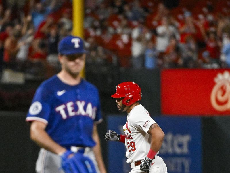 Jul 30, 2024; St. Louis, Missouri, USA;  St. Louis Cardinals pinch hitter Tommy Pham (29) runs the bases after hitting a grand slam home run off of Texas Rangers starting pitcher Cody Bradford (61) during the fifth inning at Busch Stadium. Mandatory Credit: Jeff Curry-USA TODAY Sports