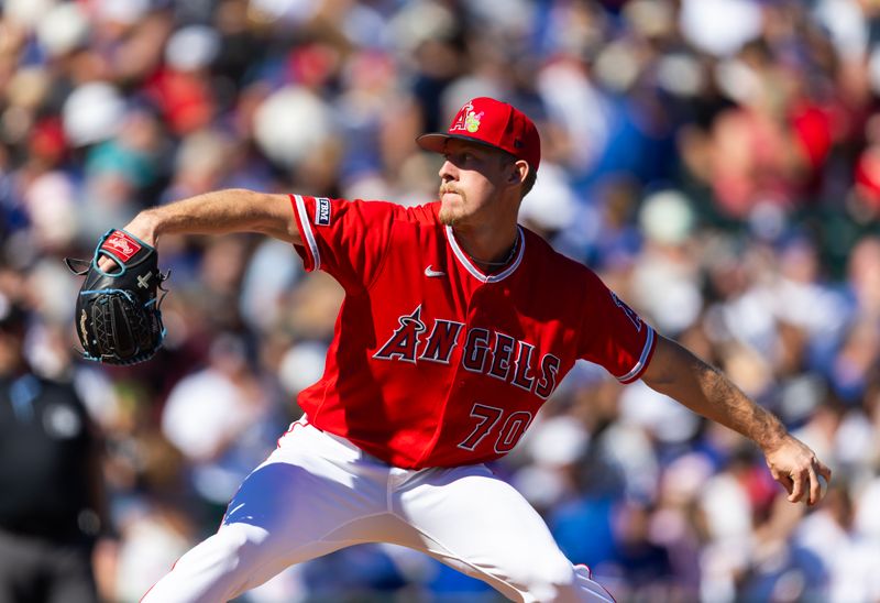Feb 21, 2026; Tempe, Arizona, USA; Los Angeles Angels pitcher Mitch Farris against the Los Angeles Dodgers during a spring training game at Tempe Diablo Stadium. Mandatory Credit: Mark J. Rebilas-Imagn Images