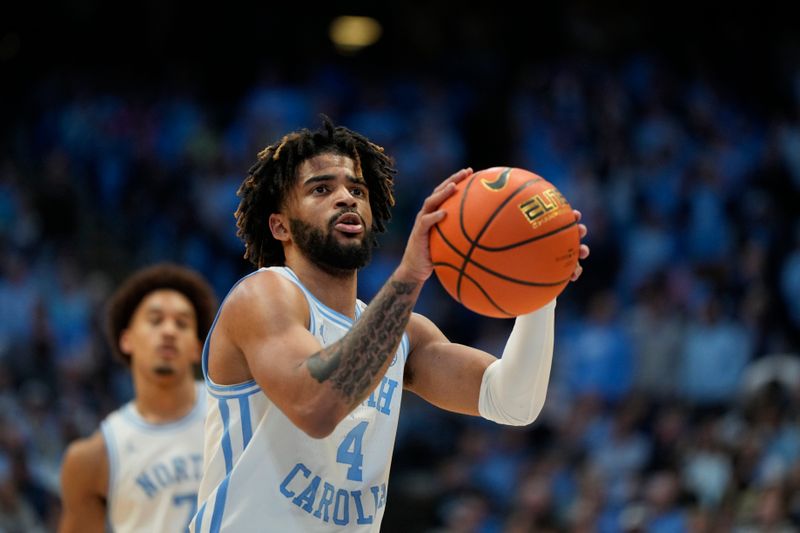 Jan 22, 2024; Chapel Hill, North Carolina, USA;  North Carolina Tar Heels guard RJ Davis (4) at the free throw line in the second half at Dean E. Smith Center. Mandatory Credit: Bob Donnan-USA TODAY Sports