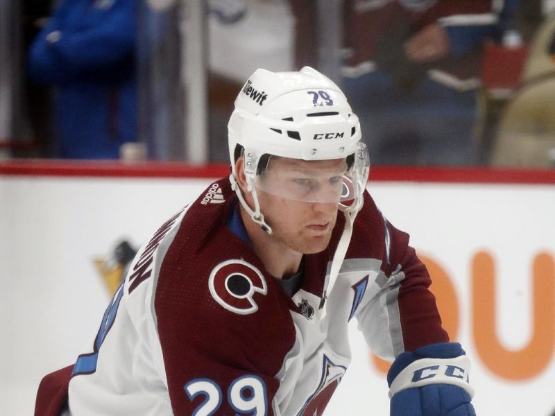 Oct 26, 2023; Pittsburgh, Pennsylvania, USA; Colorado Avalanche center Nathan MacKinnon (29) warms up before the game against the Pittsburgh Penguins at PPG Paints Arena. Mandatory Credit: Charles LeClaire-USA TODAY Sports