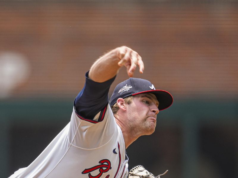Jun 1, 2025; Cumberland, Georgia, USA; Atlanta Braves starting pitcher Bryce Elder (55) pitches against the Boston Red Sox during the first inning at Truist Park. Mandatory Credit: Dale Zanine-Imagn Images