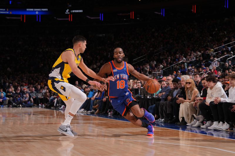 NEW YORK, NY - FEBRUARY 10: Alec Burks #18 of the New York Knicks dribbles the ball during the game against the Indiana Pacers on February 10, 2024 at Madison Square Garden in New York City, New York.  NOTE TO USER: User expressly acknowledges and agrees that, by downloading and or using this photograph, User is consenting to the terms and conditions of the Getty Images License Agreement. Mandatory Copyright Notice: Copyright 2024 NBAE  (Photo by Jesse D. Garrabrant/NBAE via Getty Images)