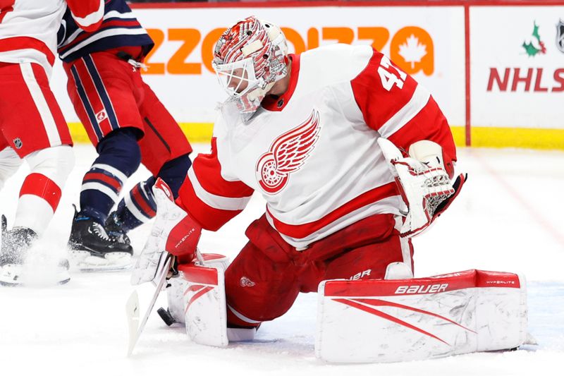 Dec 20, 2023; Winnipeg, Manitoba, CAN; Detroit Red Wings goaltender James Reimer (47) makes  a pad save in the second period against the Winnipeg Jets at Canada Life Centre. Mandatory Credit: James Carey Lauder-USA TODAY Sports