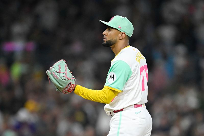 July 5, 2024; San Diego, California, USA; San Diego Padres relief pitcher Robert Suarez (75) stands on the mound after giving up a home run during the ninth inning against the Arizona Diamondbacks at Petco Park. Mandatory Credit: Denis Poroy-USA TODAY Sports