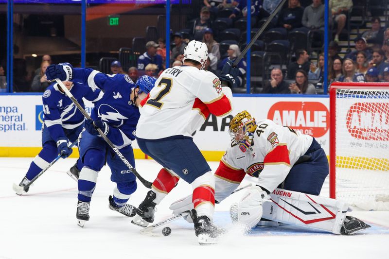 Oct 2, 2025; Tampa, Florida, USA; Florida Panthers goaltender Daniil Tarasov (40) makes a save against the Tampa Bay Lightning in the first period at Benchmark International Arena. Mandatory Credit: Nathan Ray Seebeck-Imagn Images