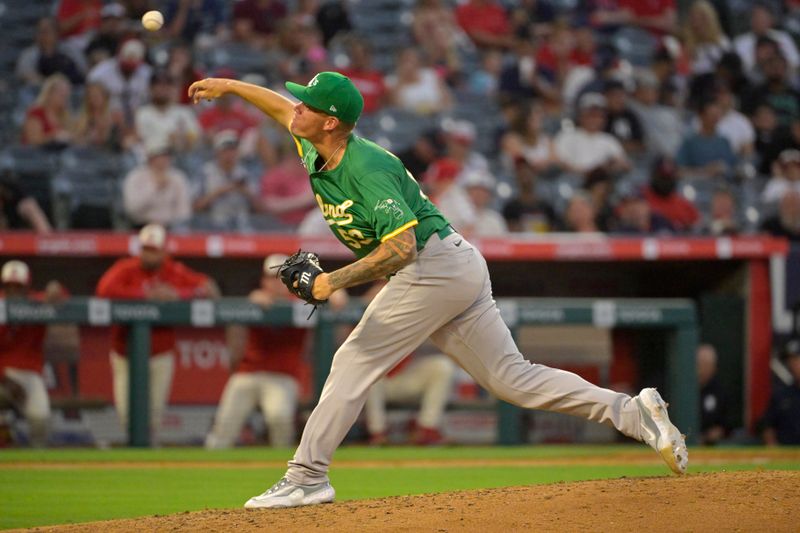 Jun 24, 2024; Anaheim, California, USA;  Oakland Athletics starting pitcher Aaron Brooks (53) delivers to the plate in the fifth inning against the Los Angeles Angels at Angel Stadium. Mandatory Credit: Jayne Kamin-Oncea-USA TODAY Sports