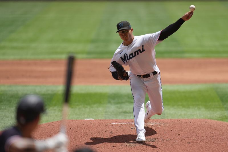 Apr 5, 2023; Miami, Florida, USA;  Miami Marlins starting pitcher Jesus Luzardo (44) pitches against the Minnesota Twins in the second inning at loanDepot Park. Mandatory Credit: Jim Rassol-USA TODAY Sports