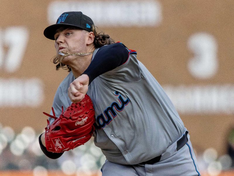 May 14, 2024; Detroit, Michigan, USA; Miami Marlins starting pitcher Ryan Weathers (60) pitches in the first inning against the Detroit Tigers at Comerica Park. Mandatory Credit: David Reginek-USA TODAY Sports