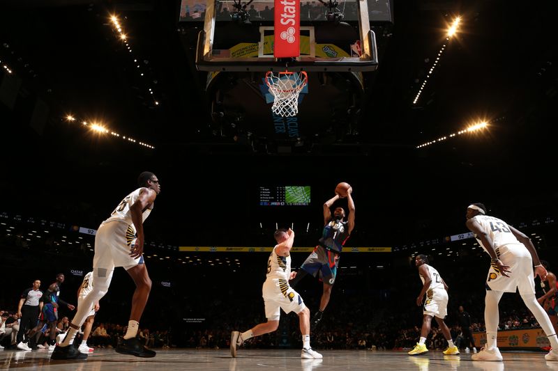 BROOKLYN, NY - APRIL 3: Mikal Bridges #1 of the Brooklyn Nets shoots the ball during the game against the Indiana Pacers on April 3, 2024 at Barclays Center in Brooklyn, New York. NOTE TO USER: User expressly acknowledges and agrees that, by downloading and or using this Photograph, user is consenting to the terms and conditions of the Getty Images License Agreement. Mandatory Copyright Notice: Copyright 2024 NBAE (Photo by Nathaniel S. Butler/NBAE via Getty Images)