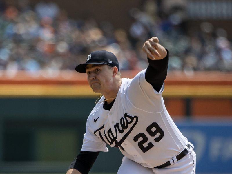 Aug 5, 2023; Detroit, Michigan, USA; Detroit Tigers starting pitcher Tarik Skubal (29) delivers in the first inning against the Tampa Bay Rays at Comerica Park. Mandatory Credit: David Reginek-USA TODAY Sports