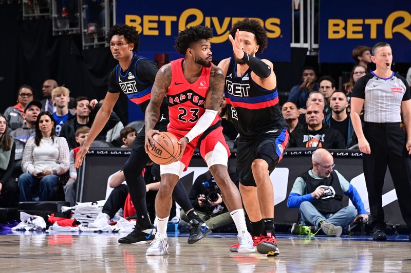 DETROIT, MI - JANUARY 11:   Jamal Shead #23 of the Toronto Raptors dribbles the ball during the game against the Detroit Pistons on January 11, 2024 at Little Caesars Arena in Detroit, Michigan. NOTE TO USER: User expressly acknowledges and agrees that, by downloading and/or using this photograph, User is consenting to the terms and conditions of the Getty Images License Agreement. Mandatory Copyright Notice: Copyright 2024 NBAE (Photo by Chris Schwegler/NBAE via Getty Images)