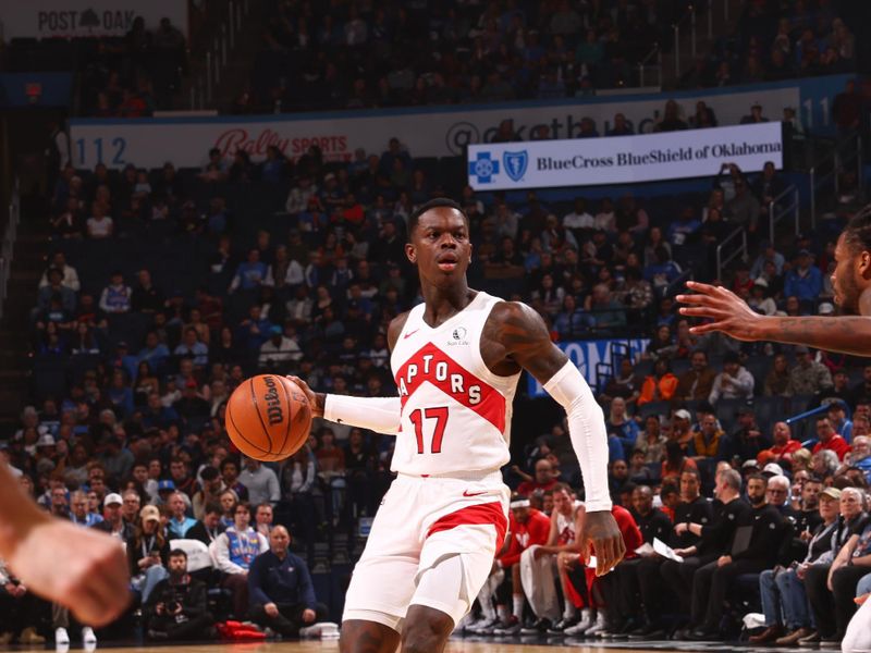 OKLAHOMA CITY, OK - FEBRUARY 4:  Dennis Schroder #17 of the Toronto Raptors handles the ball during the game  on February 4, 2024 at Paycom Arena in Oklahoma City, Oklahoma. NOTE TO USER: User expressly acknowledges and agrees that, by downloading and or using this photograph, User is consenting to the terms and conditions of the Getty Images License Agreement. Mandatory Copyright Notice: Copyright 2024 NBAE (Photo by Zach Beeker/NBAE via Getty Images)