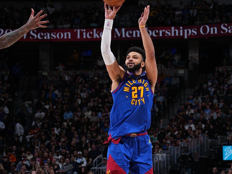 DENVER, CO - MARCH 9: Jamal Murray #27 of the Denver Nuggets shoots the ball during the game against the Utah Jazz on March 9, 2024 at the Ball Arena in Denver, Colorado. NOTE TO USER: User expressly acknowledges and agrees that, by downloading and/or using this Photograph, user is consenting to the terms and conditions of the Getty Images License Agreement. Mandatory Copyright Notice: Copyright 2024 NBAE (Photo by Garrett Ellwood/NBAE via Getty Images)