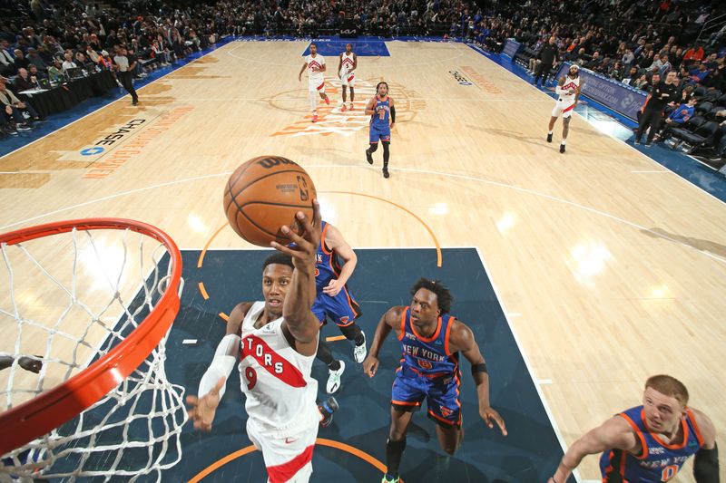 NEW YORK, NY - JANUARY 20: RJ Barrett #9 of the Toronto Raptors drives to the basket during the game against the New York Knicks on January 20, 2024 at Madison Square Garden in New York City, New York.  NOTE TO USER: User expressly acknowledges and agrees that, by downloading and or using this photograph, User is consenting to the terms and conditions of the Getty Images License Agreement. Mandatory Copyright Notice: Copyright 2024 NBAE  (Photo by Nathaniel S. Butler/NBAE via Getty Images)